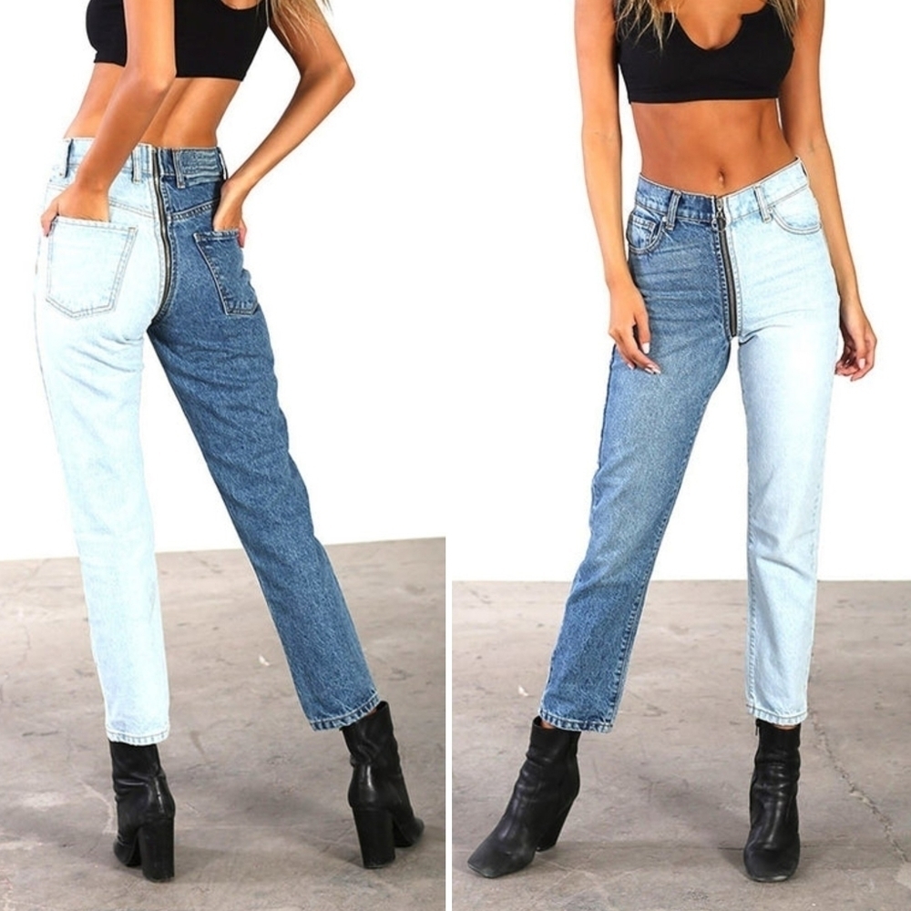 Revice Yin Yang high waisted split jeans Tokyo Wash Blue Patchwork Women size 26